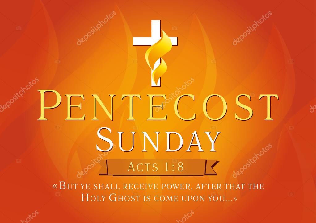 Template invitation on the day of Pentecost in the form of a cross with flames and the words with a quote from Acts 1: 8