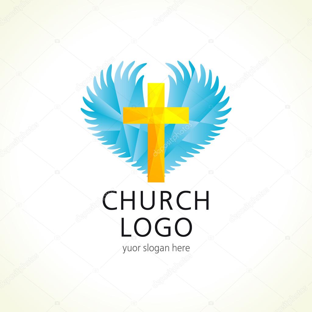 Cross, heart, angel's wings. Religious vector christian church logo. Symbol of love, prayer and faith. Template emblem for charity organizations or music album idea.