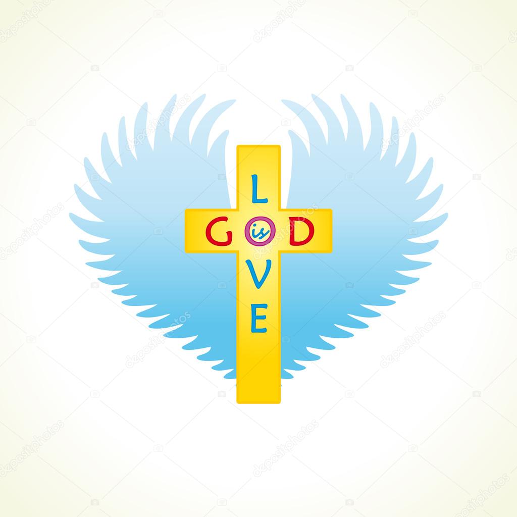 Cross, heart, angel's wings. Religious vector christian church logo. Symbol of love, prayer and faith. Template emblem for charity organizations or music album idea. God is love crucifix icon.