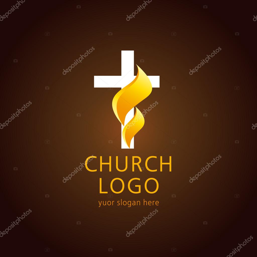 Shining fiery cross. Religious vector christian church logo. Crucifix lighting icon gold colored.