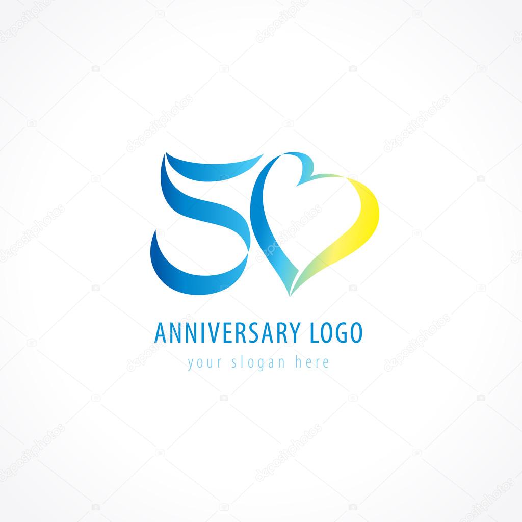 Anniversary 50 years hearts vector digit logo. Birthday greetings with framed tape heart shape. Holiday abstract numbers. Lovely card with celebrating figures 50 th.