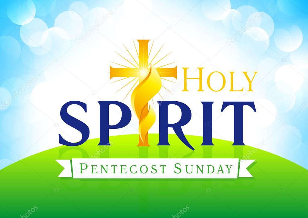 Holy Spirit Pentecost Sunday vector greetings. Invite or greeting card. Fiery flaming shining glowing crucifix gold colored in morning sunrise. Christian religious flier. Trinity holiday celebrating.