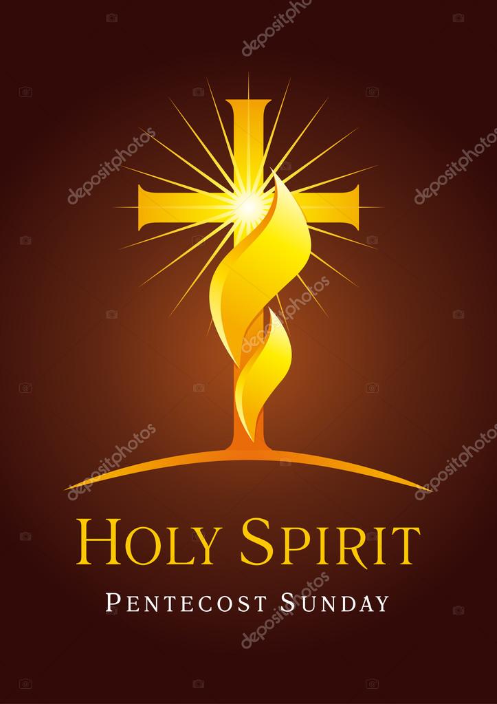 Golden glowing crucifix. Christian church vector logo. Fiery flaming shining crucifixion gold colored on Calvary hill. Religious flier, invite or greetings. Trinity holiday celebrating. Pentecost sunday card.