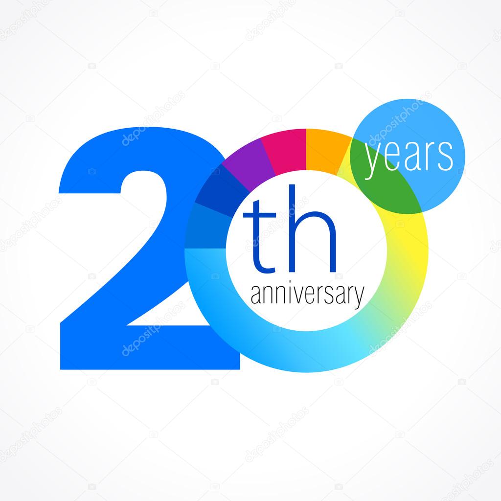20 years round logo. Anniversary year of 20 th vector chart template medal. Birthday greetings circle celebrates. Celebrating numbers. Colorful digits. Figures of ages, cut sections. Letter O blue.