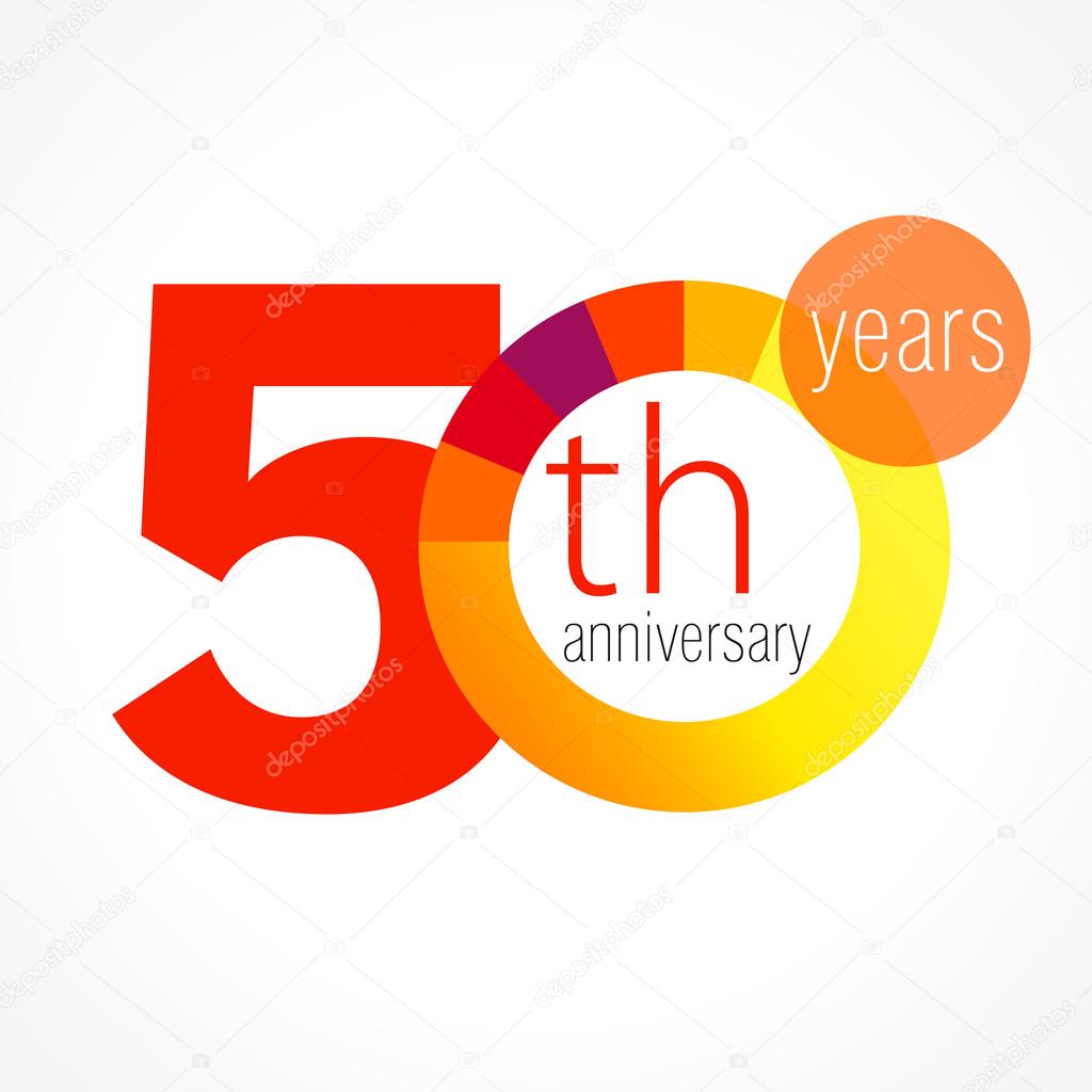 50 years round logo. Anniversary year of 50 th vector chart template medal. Birthday greetings circle celebrates. Celebrating numbers. Colorful digits. Figures of ages, cut sections. Letter O red.