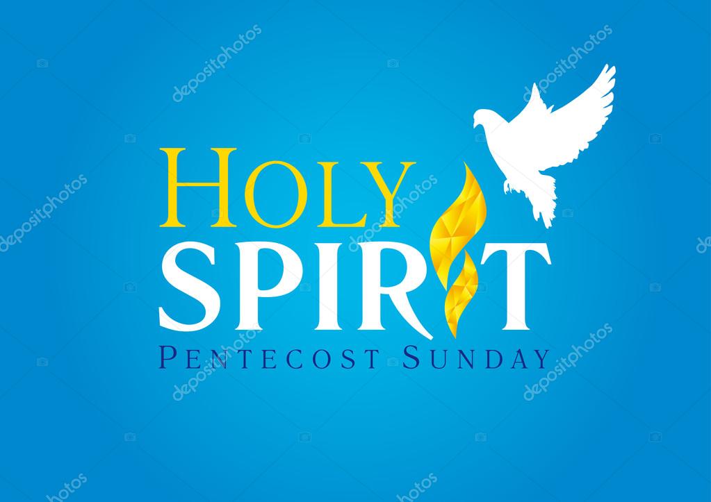 Holy Spirit Pentecost Sunday vector greetings. Fiery flaming shining glowing sign gold colored, white flying dove in sky. Christian religious invite flyer. Trinity holiday celebrating. Peace symbol.