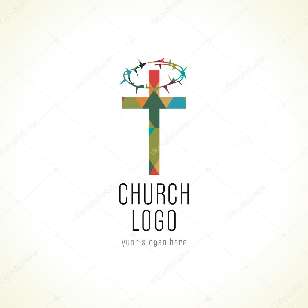 Church logo, old mosaic pattern. Religious vector christian symbol. It is finished. Crucifix in puzzles and thorns of spines. Stained-glass crucifixion window from pieces.