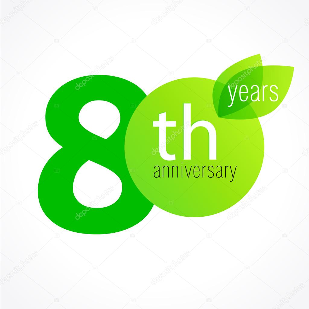 80 years old celebrating green leaves logo. Anniversary year of 80 th vector template. Birthday greetings celebrates. Environmental protection, natural products jubilee ages. Letter O with leaf.