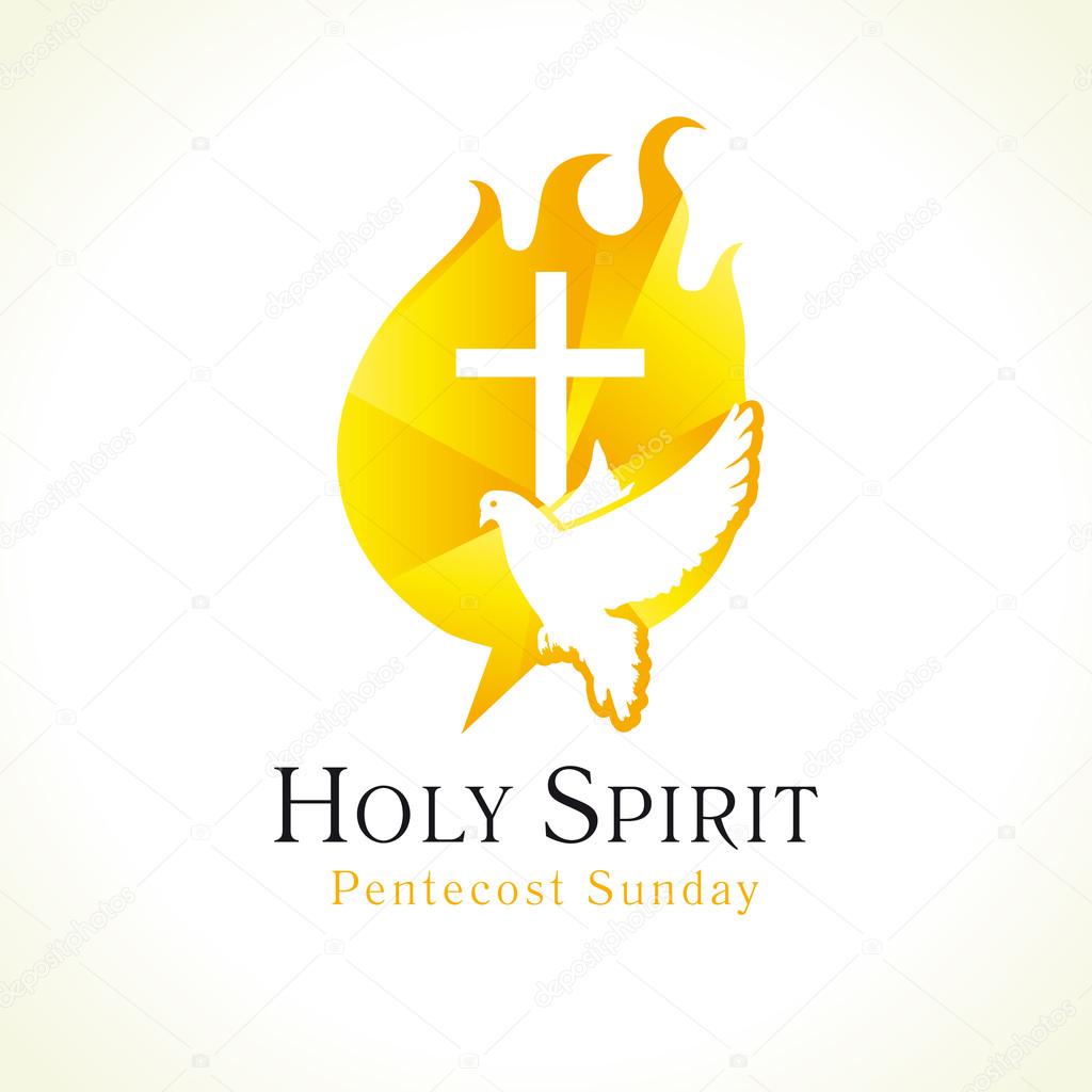 Holy Spirit Pentecost Sunday vector greetings. Fiery flaming shining glowing sign gold colored, white flying dove in sky. Christian religious invite flyer. Trinity holiday celebrating and peace symbol. Church logo.