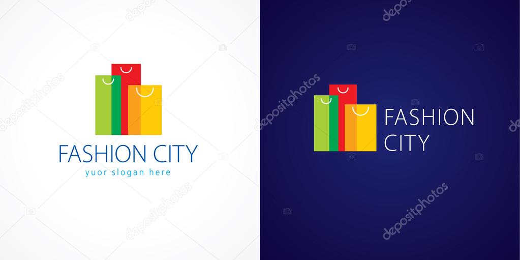 Fashion city logo. Template logo for the shopping center in the shape of high-rise buildings of colorful shopping bags. Online fashion store sign, shop symbol. Set of colored sopping packages.