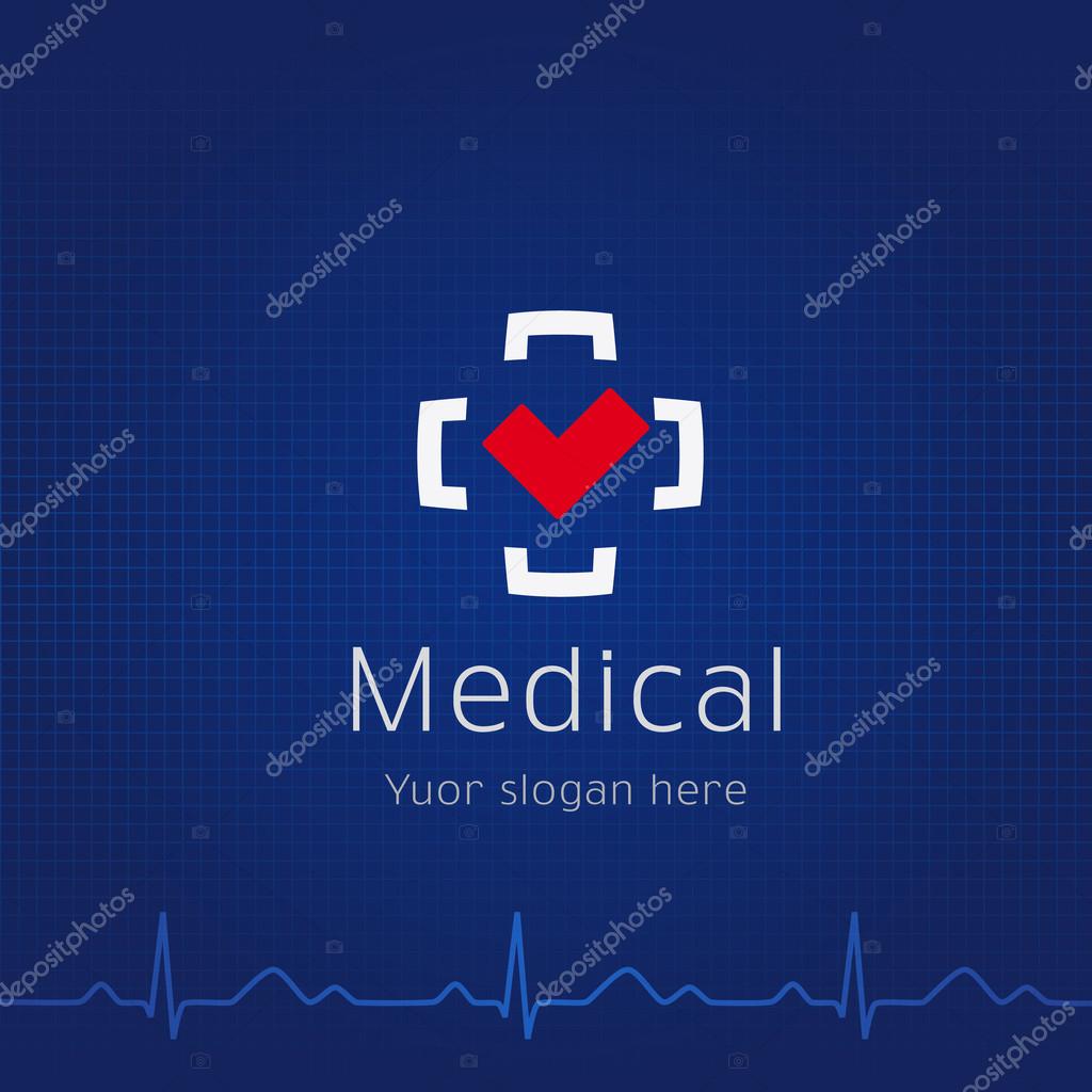 Medical plus logo and folder. Outpatient card cover design or presentation's slide with brand identity sign. Icons idea for hospitals, tests, clinics, pharmacies. Vector cardio waves.