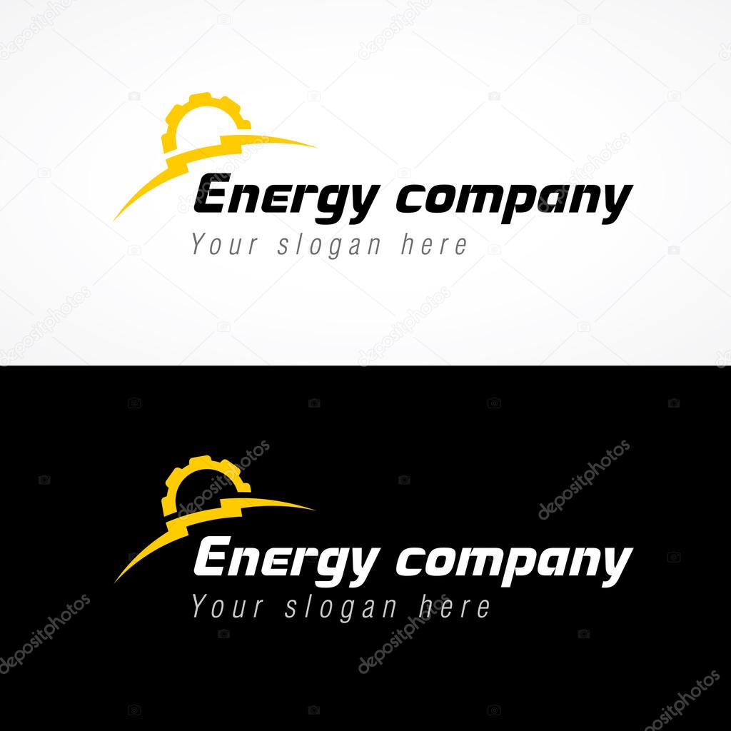 Energy company logo. Electrical or mechanic industrial company brand icon. Lightning and gears as sunrise. Electricity, bolt vector sign.