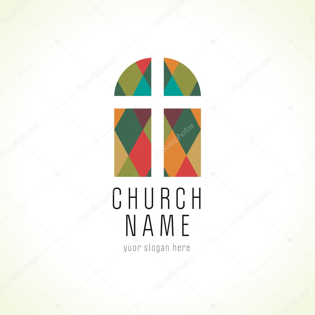 Old arc window vector logo. Christian church cross colorful icon. Religious or vintage symbol. Stained-glass window from pieces. Crucifix in stained puzzles, architectural mosaic pattern.