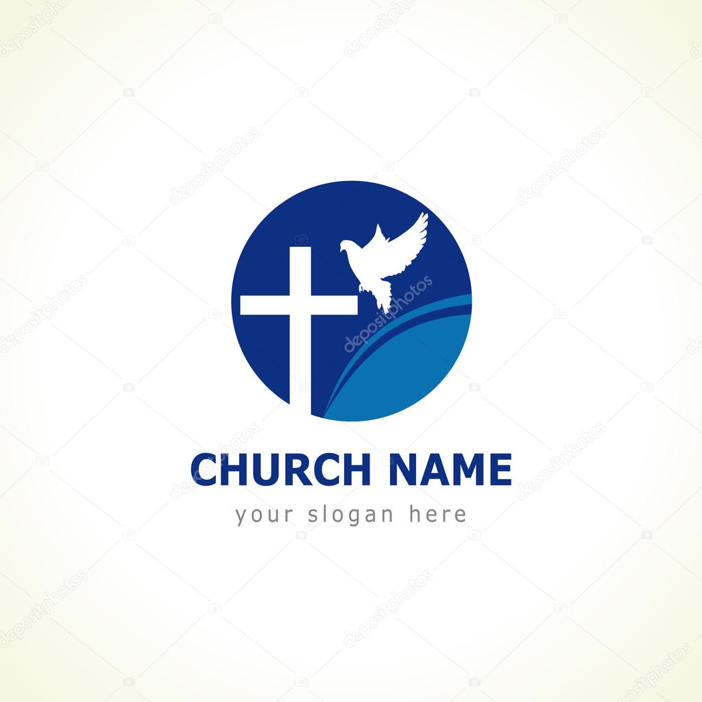 Christian church vector logo. Blue colored circle, crucifix, white flying dove, wave. Religious educational symbol.