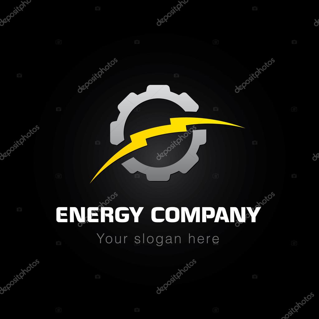 Energy company logo. Electrical or mechanic industrial company brand icon. Lightning and gears. Electricity, bolt vector sign.
