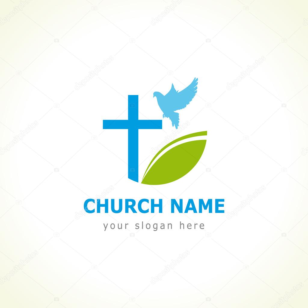 Christian church vector logo. Blue crucifix, flying dove, green leaves. Religious educational sign, symbol of growing.
