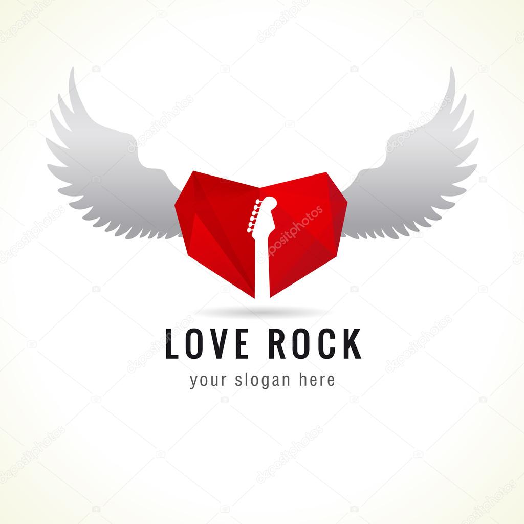Love rock logo. Red glass heart flying, guitar, wings, brand idea. Musics vector sign. Art events and tours symbol. Rock n roll icon.