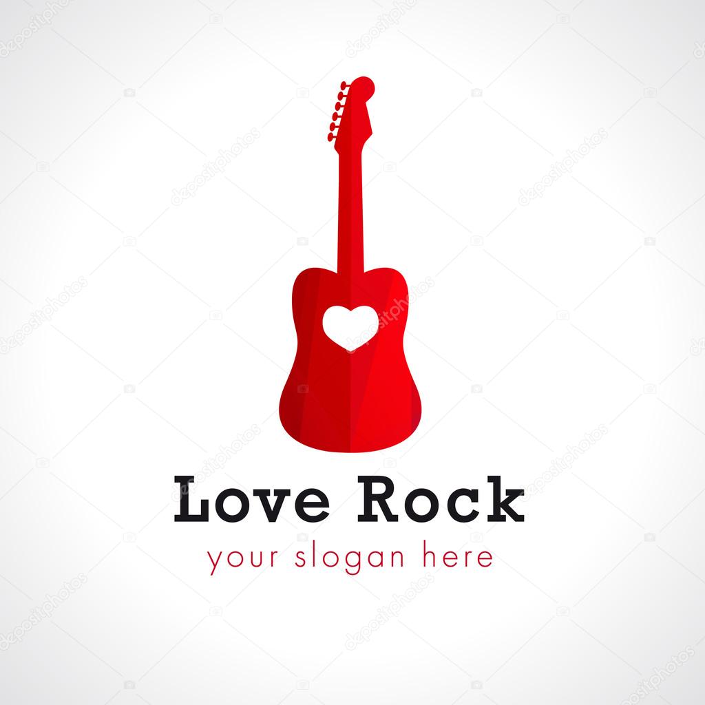Love rock logo. Red spanish guitar, brand idea. Music vector sign. Art events and tours symbol. Rock icon.