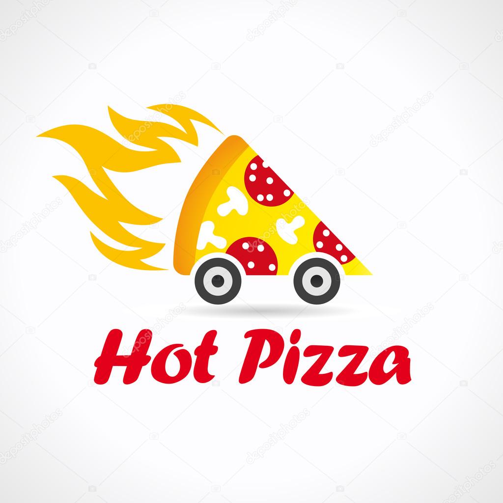 Pizza quickly delivering  logo. Illustration of fiery pizza with sausage and mushrooms. Piece of flamy fastfood car, wheels, brand sign. Cafe, pizzeria, restaurant, lunch bar courier service icon.