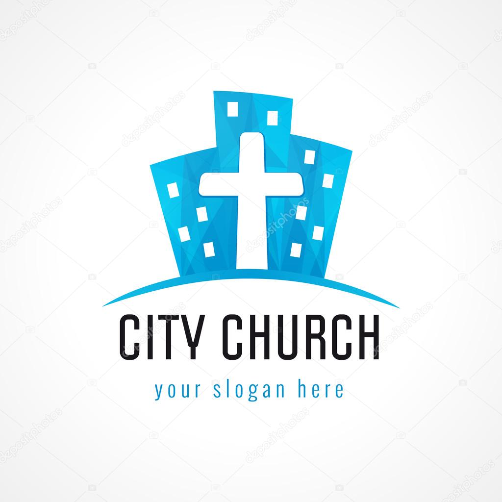City church vector logo. Downtown block houses, crucifix, christian colored icon. Religious symbol.