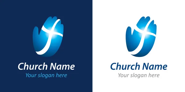 Cruz en la mano logotipo de la iglesia — Vector de stock