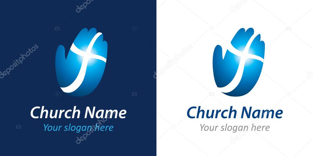 Church vector logo. Hand, palm, praying, shining cross. Christian organization or charity mission bright blue icon. Religious or medical and healthcare symbol.