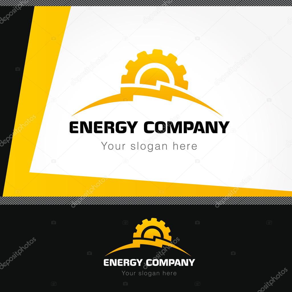 Energy company logo. Electrical or mechanic industrial company brand icon. Lightning and gears as sunrise. Electricity, bolt vector sign. Brandbook idea.