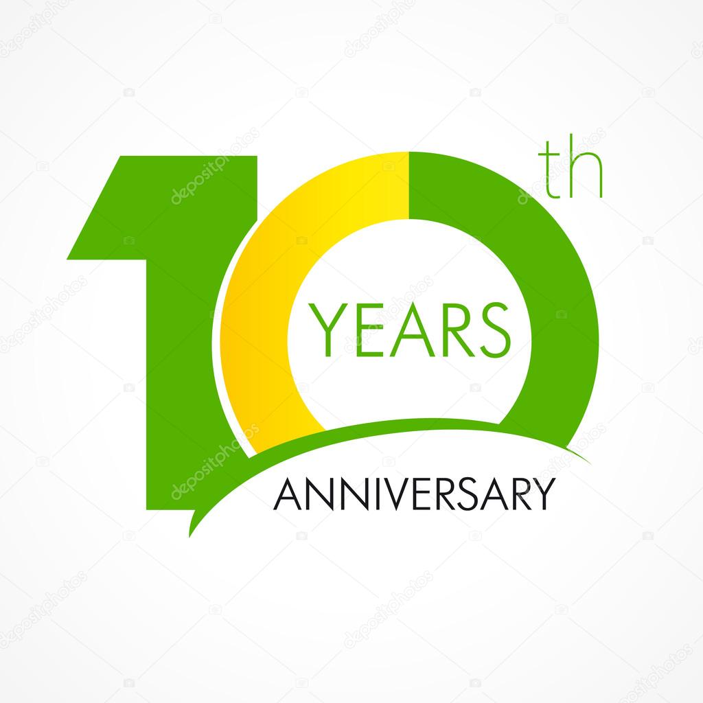 10 years old celebrating classic logo. Colored happy anniversary 10 th template numbers. Greetings celebrates. Traditional framed digits of ages. Special prize, % off, O or 0. Card's or label's idea.