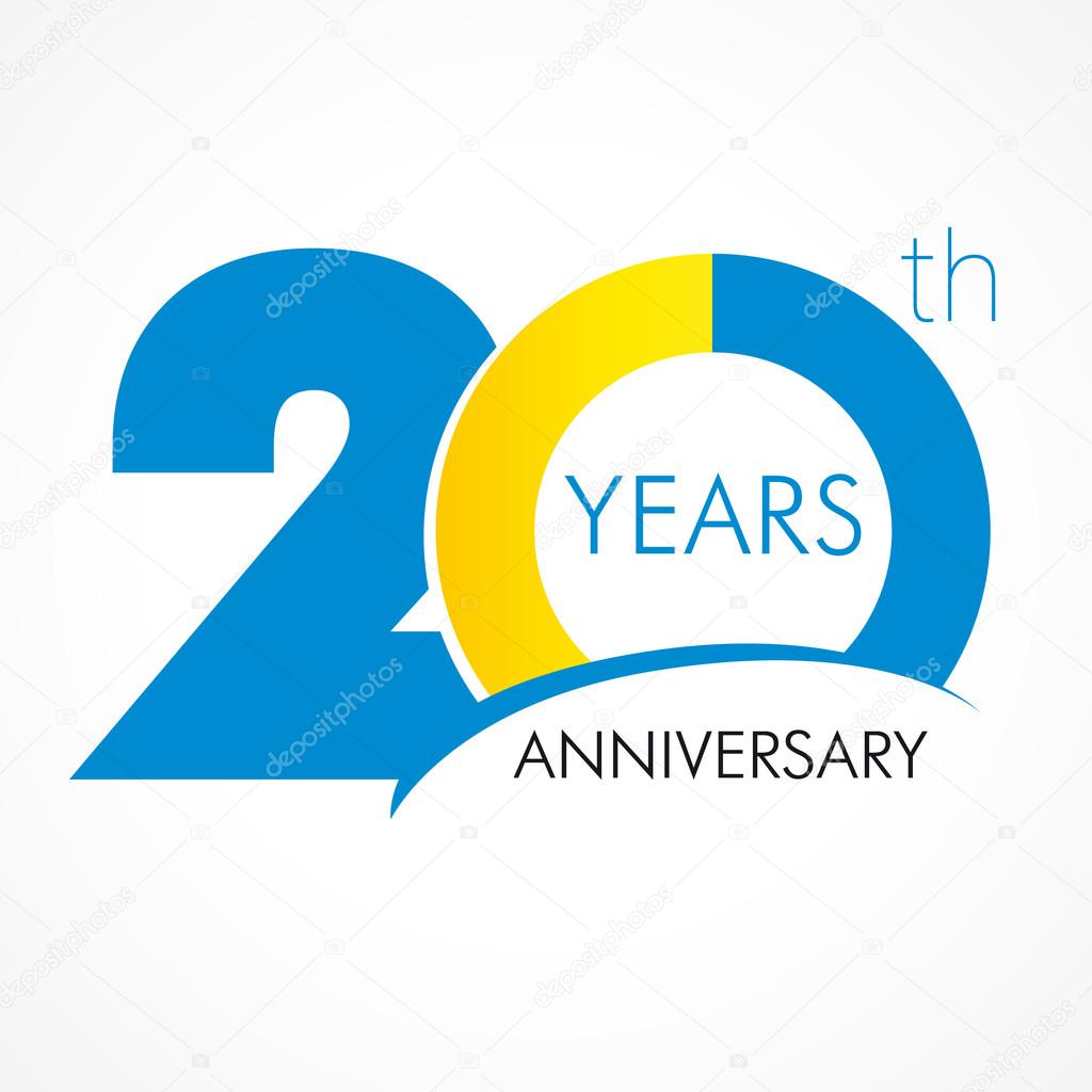 20 years old celebrating classic logo. Colored happy anniversary 20 th template numbers. Greetings celebrates. Traditional framed digits of ages. Special prize, % off, O or 0. Card's or label's idea.