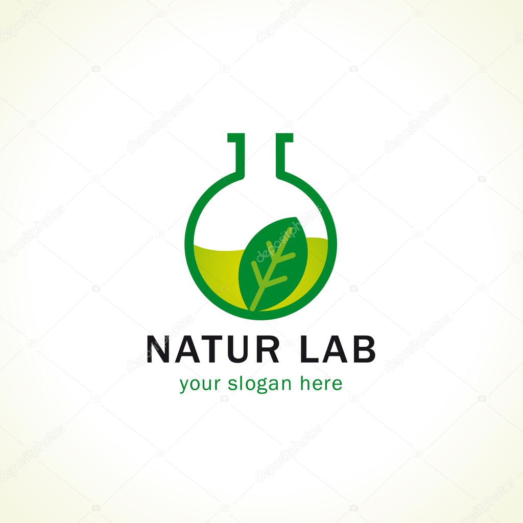 Natural lab logo. Green liquid, leaves in laboratory testing flask. Vector branding sign of tests, cosmetics, make up. Scientific or environmental researches. Healthy life. Pharmaceutical companies.