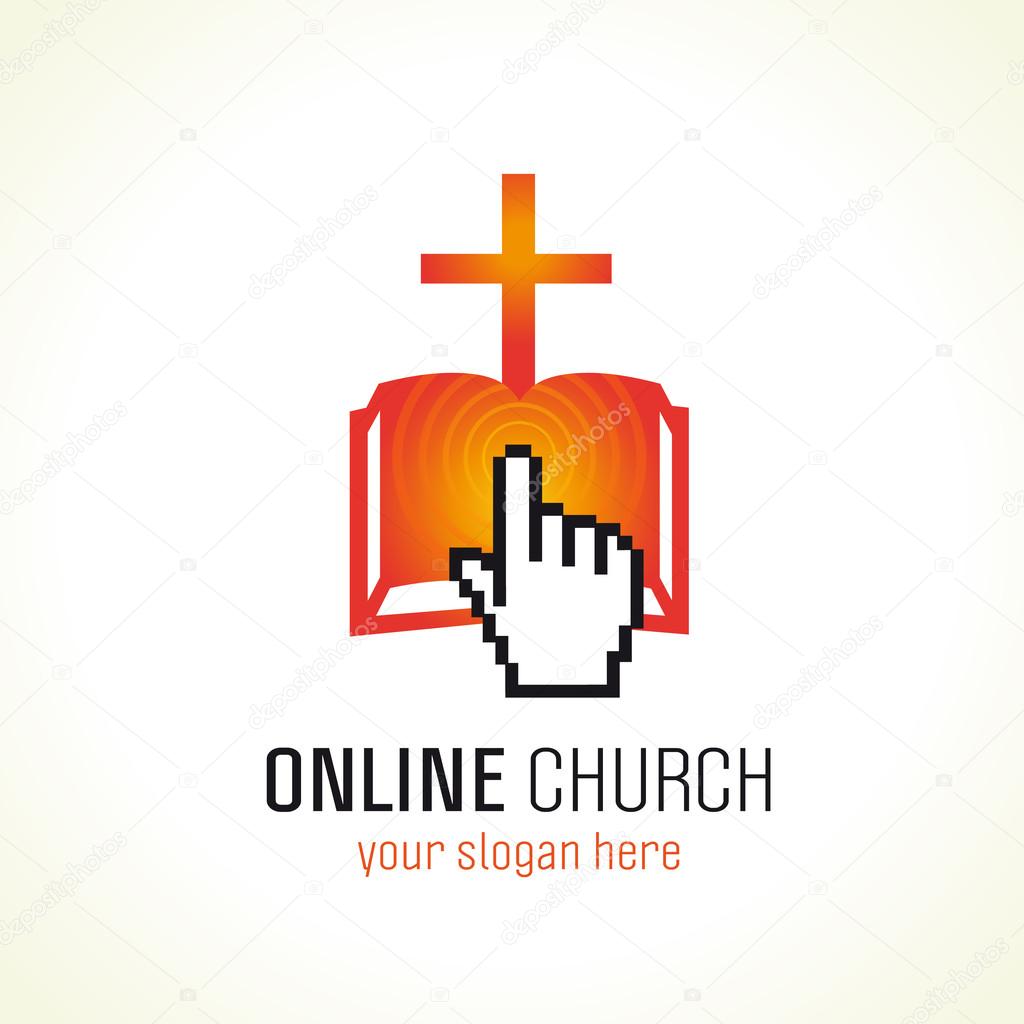 Christian online church vector logo template. Red colored crucifixion, e book or e bible sign, pointing or pressing pixel hand, radio waves. Religious educational symbol. Holy bible learning and teaching unity idea.