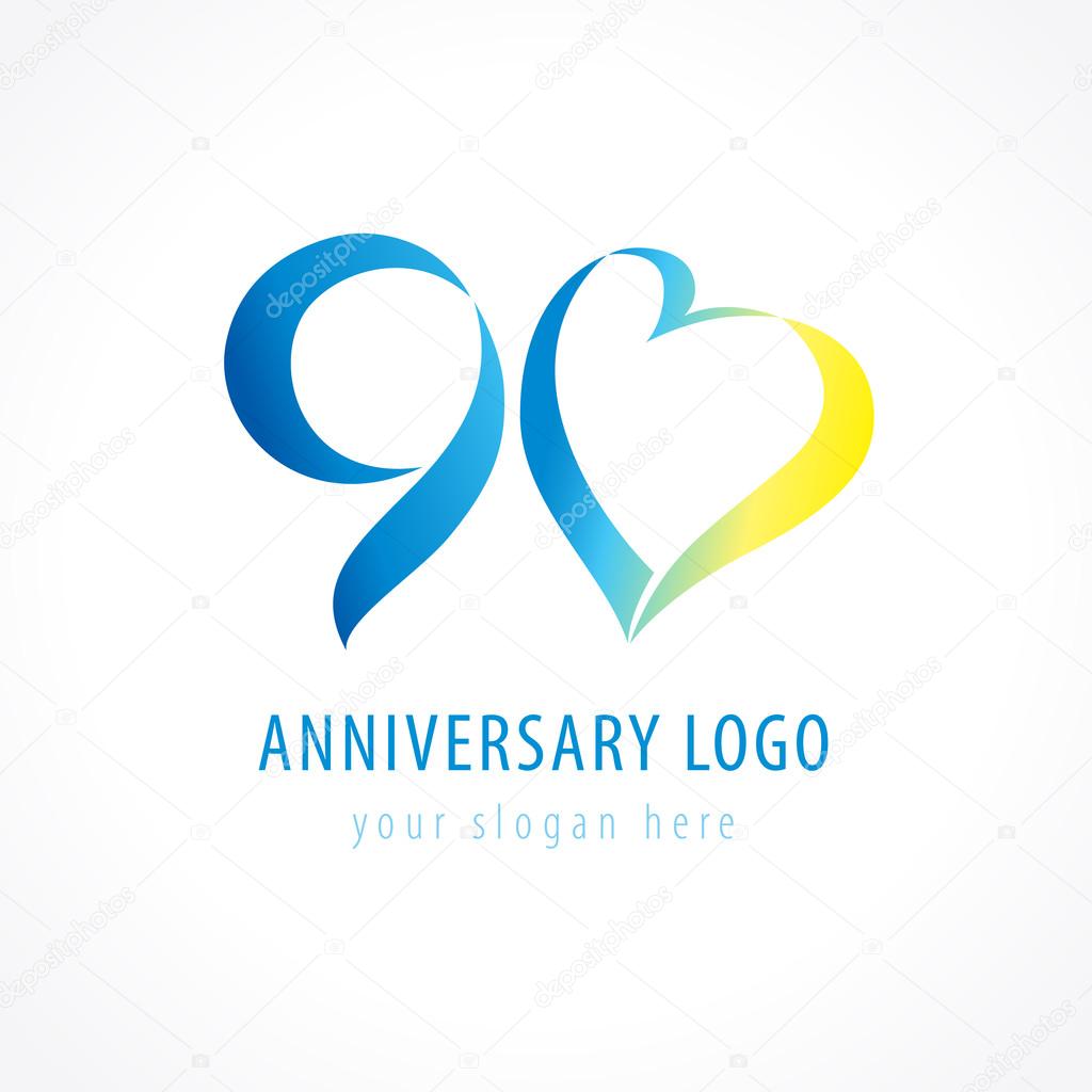 Template logo 90 anniversary in the form of figures 9 and heart. Anniversary 90 years old hearts celebrating vector digit logo. Birthday greetings with framed tape heart shape. Holiday abstract numbers or letter o. Lovely card with celebrating figure