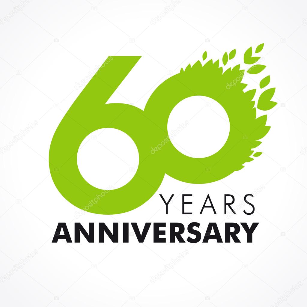 60 years old celebrating green flying leaves logo. Anniversary year of 60 th vector template. Birthday greetings celebrates. Environmental protection, natural products jubilee ages. Health care icon.