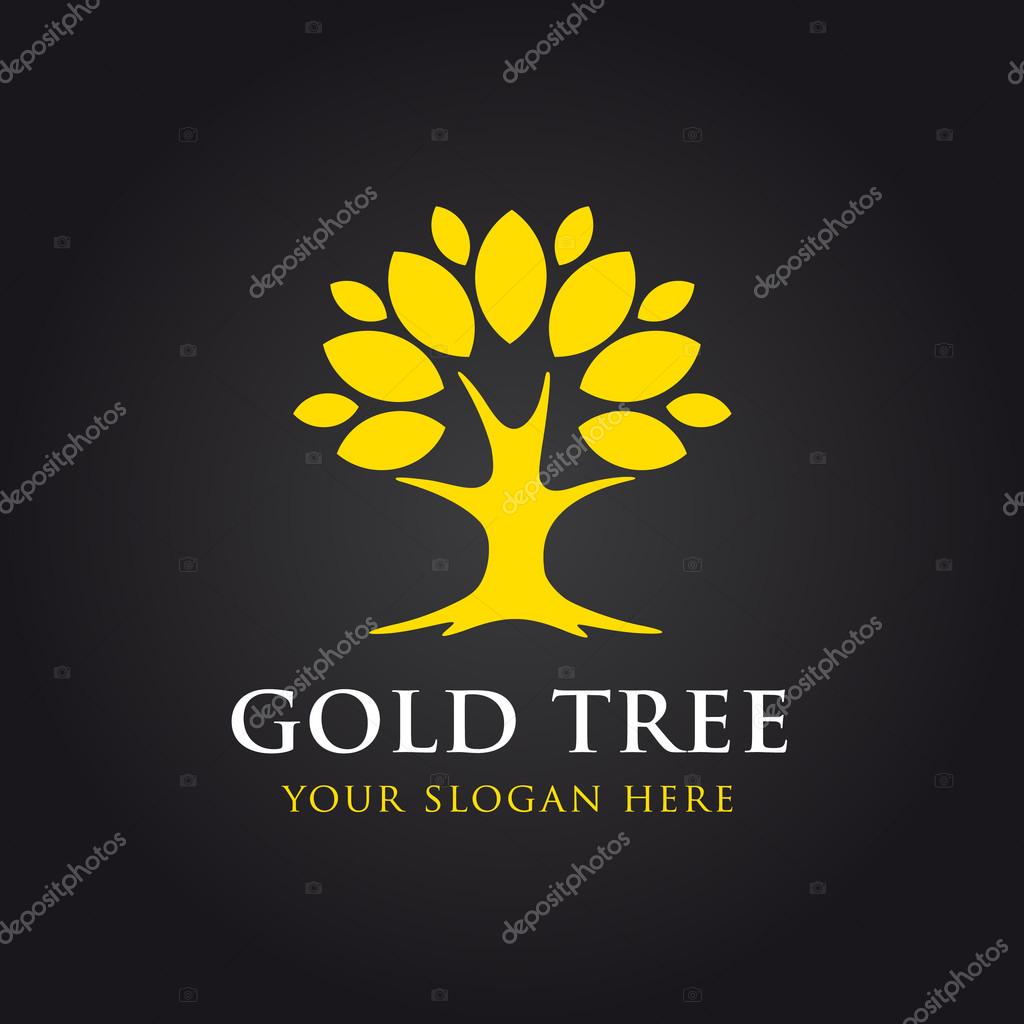 Golden tree vector logo. Stylish tree with leaves yellow or gold colored. Environmental, landscaping, fashion, parks, garden, relaxation, health care identity. Tree of life, healthy natural products.