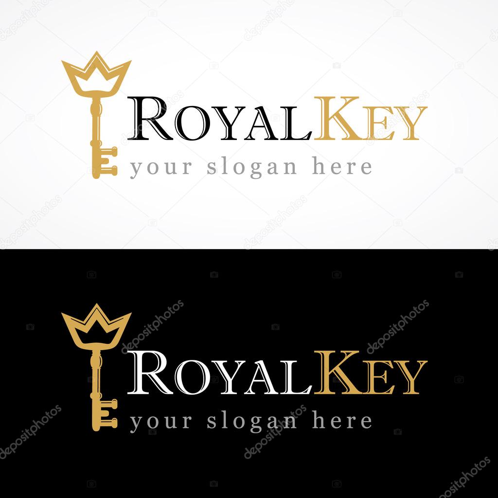Royal key vector logo. Hotels, real estate agencies, VIP houses, building, architectural, residential companies or constructions business. Illustration of old door key gold colored with crown.