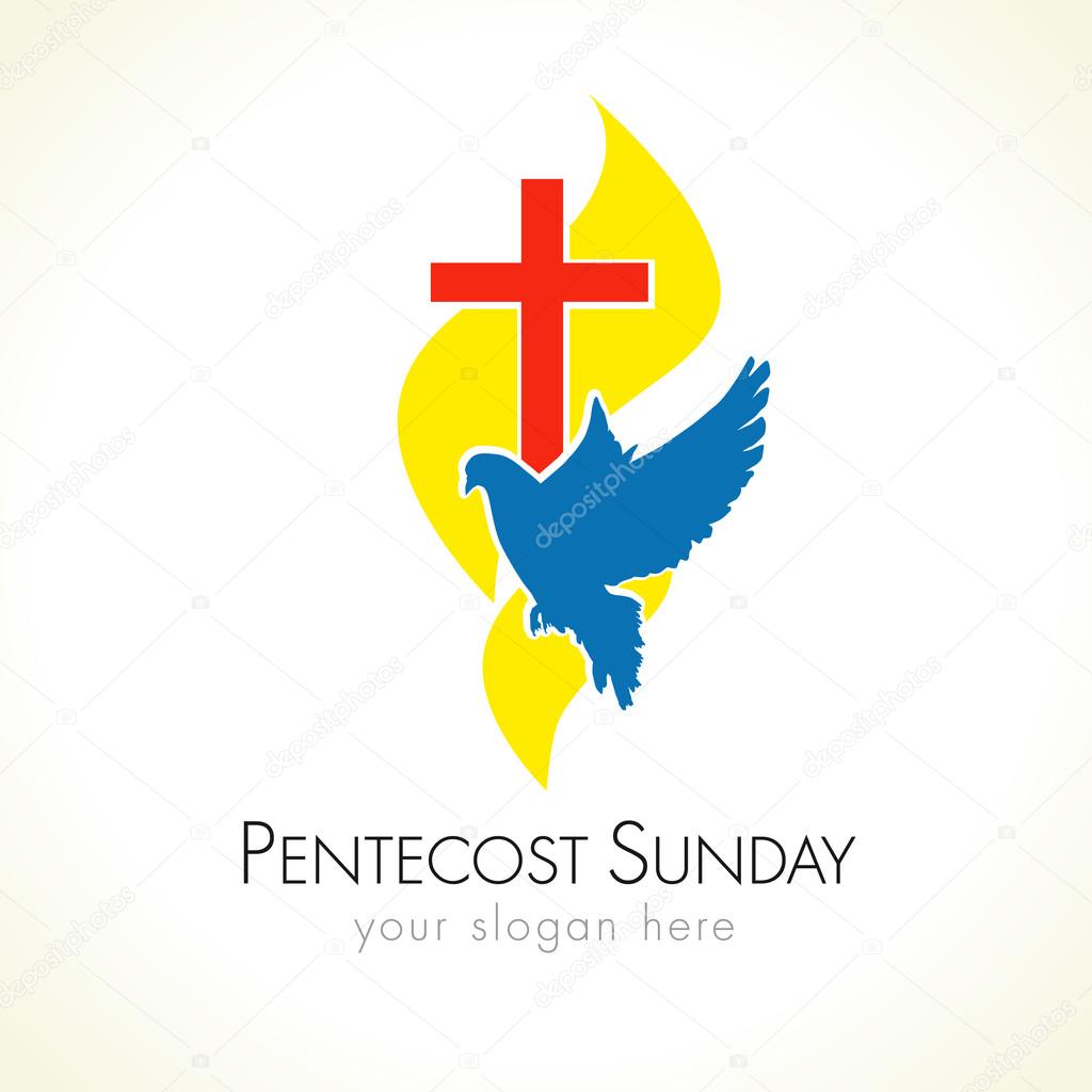 Holy Spirit Pentecost Sunday vector greetings. Fiery yellow or gold colored flames, blue flying dove, red crucifix. Christian religious invite flyer. Trinity holiday celebrating and peace flaming symbol.