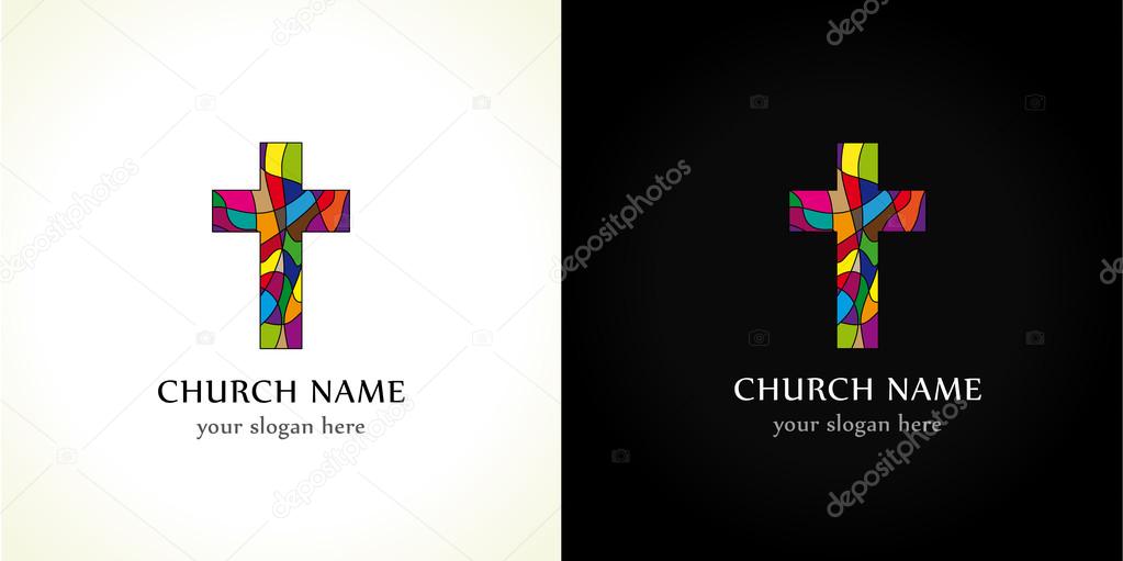 Church logo, old mosaic pattern. Religious vector christian symbol. Creative crucifix in color puzzles parts. Broken glass crucifixion sign, window in pieces. Isolated abstract graphic design template