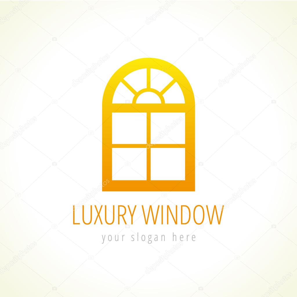 Arc windows vector logo. Abstract template, gold colored sign of constructing architectural company in a shape arch decorative window. Buy or update luxurious windows or doors in traditional style.