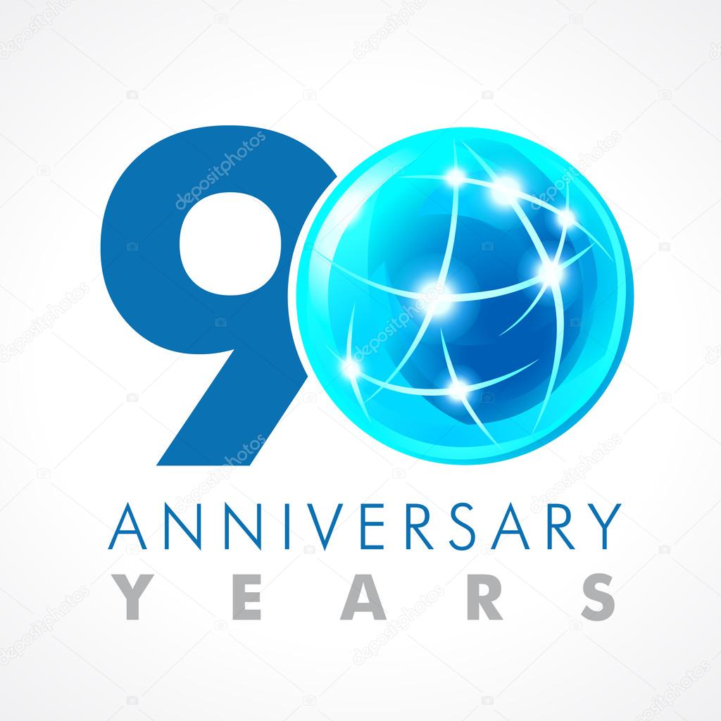 90 years old celebrating connecting logo. Anniversary year of 90 th vector template with volume cosmos 0. Greetings ages celebrates. Technologies, communicating sign with lighting flashes and sparks.