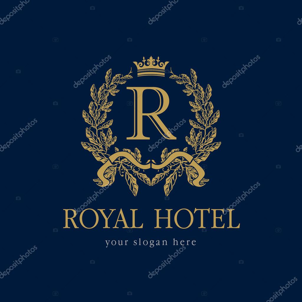 R company logo. Luxurious hotel. Coat of arms, gold colored round royalty classic symbol template. Decorative traditional branch of grapes in circle, keys and crown.
