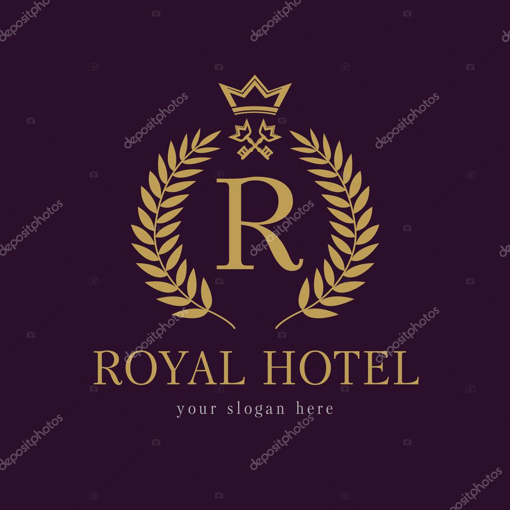 R company logo. Luxurious hotel. Coat of arms, gold colored round royalty classic symbol template. Decorative traditional branch of grapes in circle, keys and crown. Framed of palms branches icon.