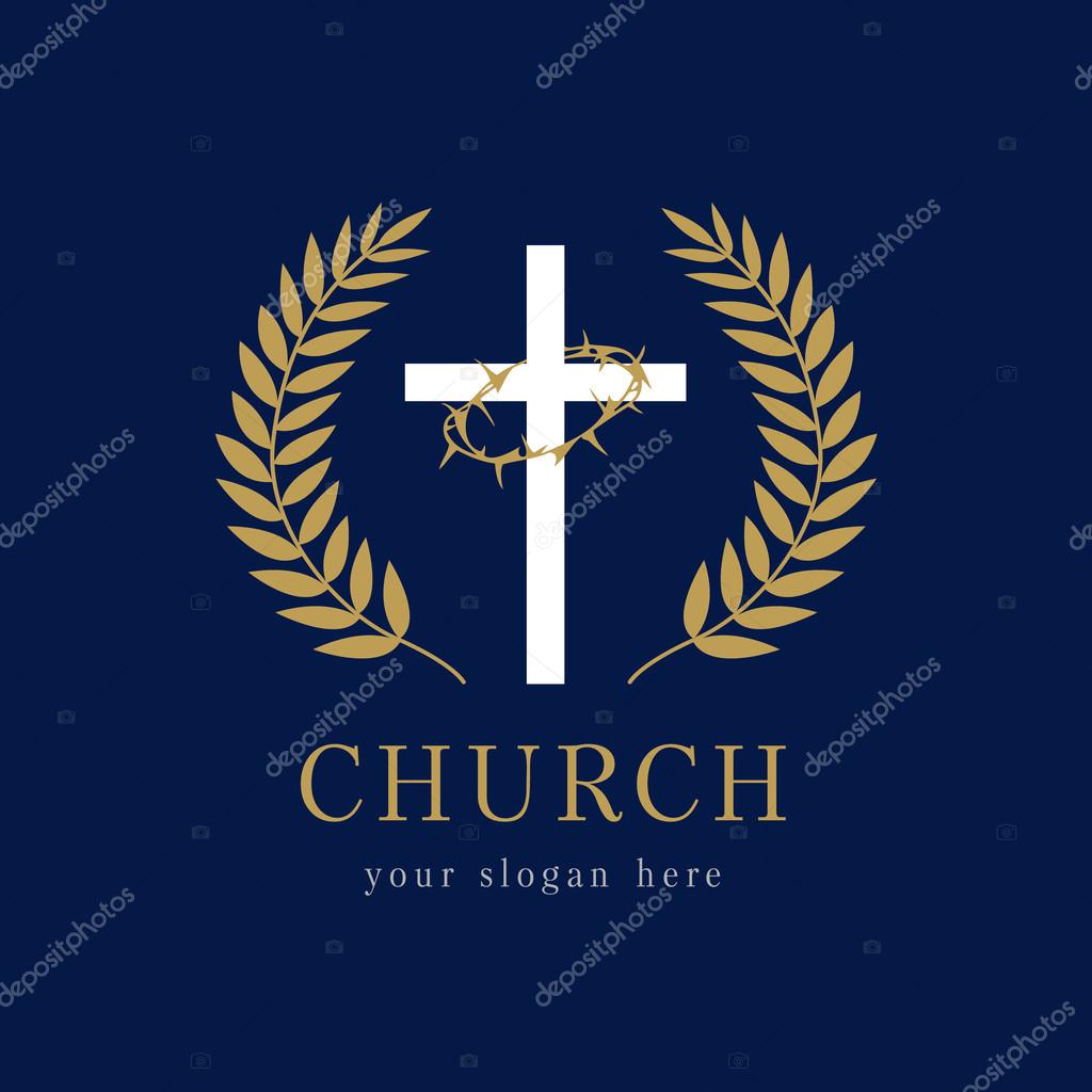 Church logo template. Religious vector christian symbol. It is finished. Crucifix, thorns of spines, glorious wreath. Round framed of palms icon gold colored with crucifixion, laurel branches.
