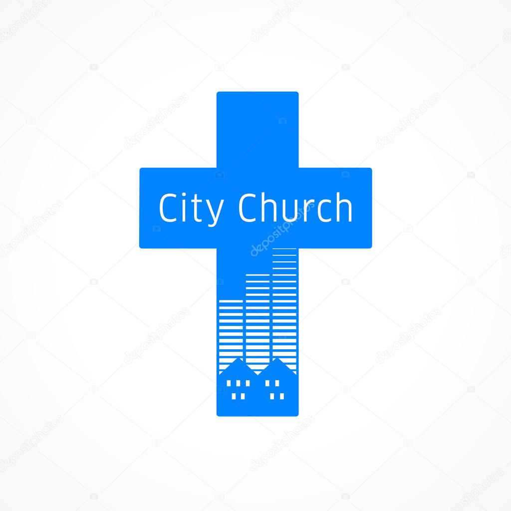 City and cross blue logotype concept. Stained glass logo idea. Religious creative 3D icon, christian education symbol. Internet church sign. Brand button. Isolated abstract graphic web design template