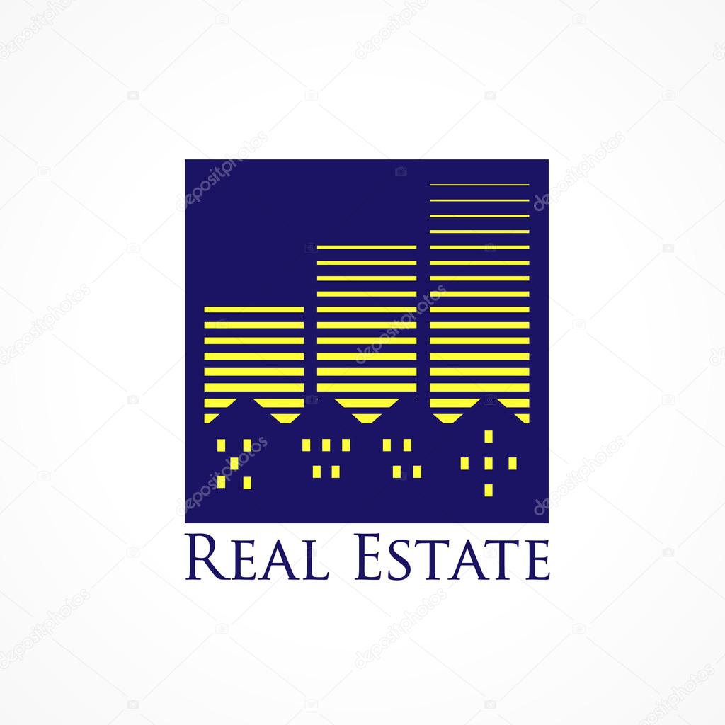 Real-estate vector logo. Icon for own property agency, constructing, furnished rooms, lease, buying, rooming, invest, residential or architectural business. City block downtown and suburban houses gold colored.