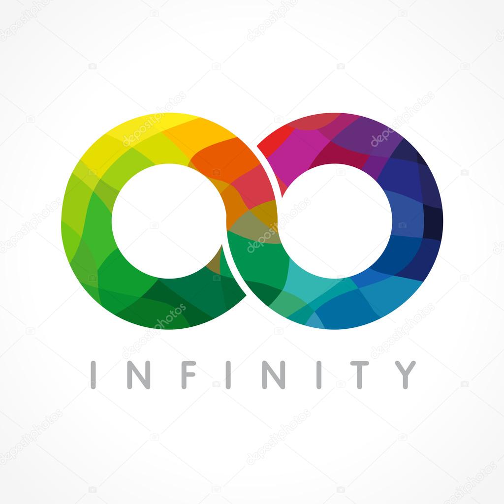 Infinity colored logo. Stained-glass graphics infinite vector template brand sign in various colors. Infinit staned symbol of constancy or number 0 with mosaic element. Creative, bright eyeglasses shape.
