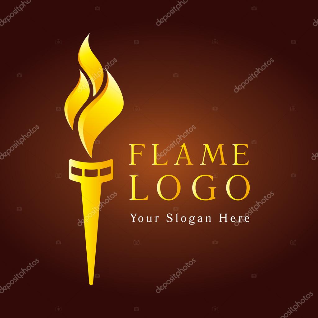 Olympic flaming torch logo. Sport fire gold colored sign. Competitions, union, club or confederacy icon with flames.