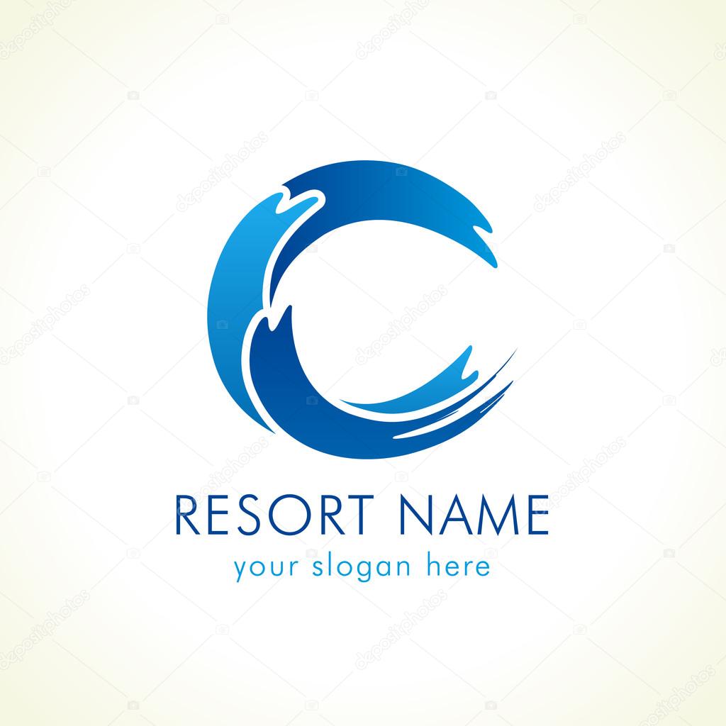 Letter C name logo. Tourist or healthcare business on shore, sports stained-glass blue colored icon as surf. Vector template, brand identity with volume. Sea natural food and products idea.