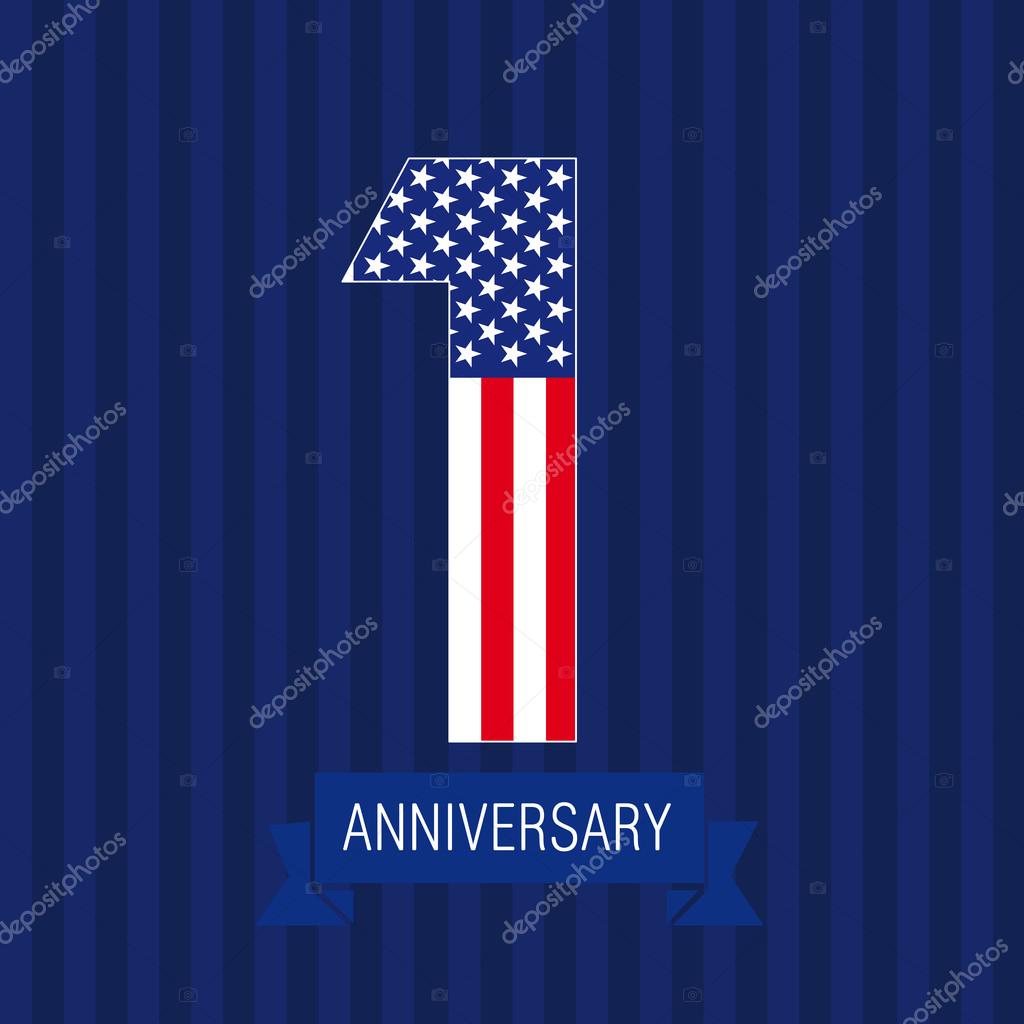 Anniversary 1 US flag logo. Template of celebrating icon of 1st place as American flag. USA numbers in traditional style on striped abstract blue background. United States figures.