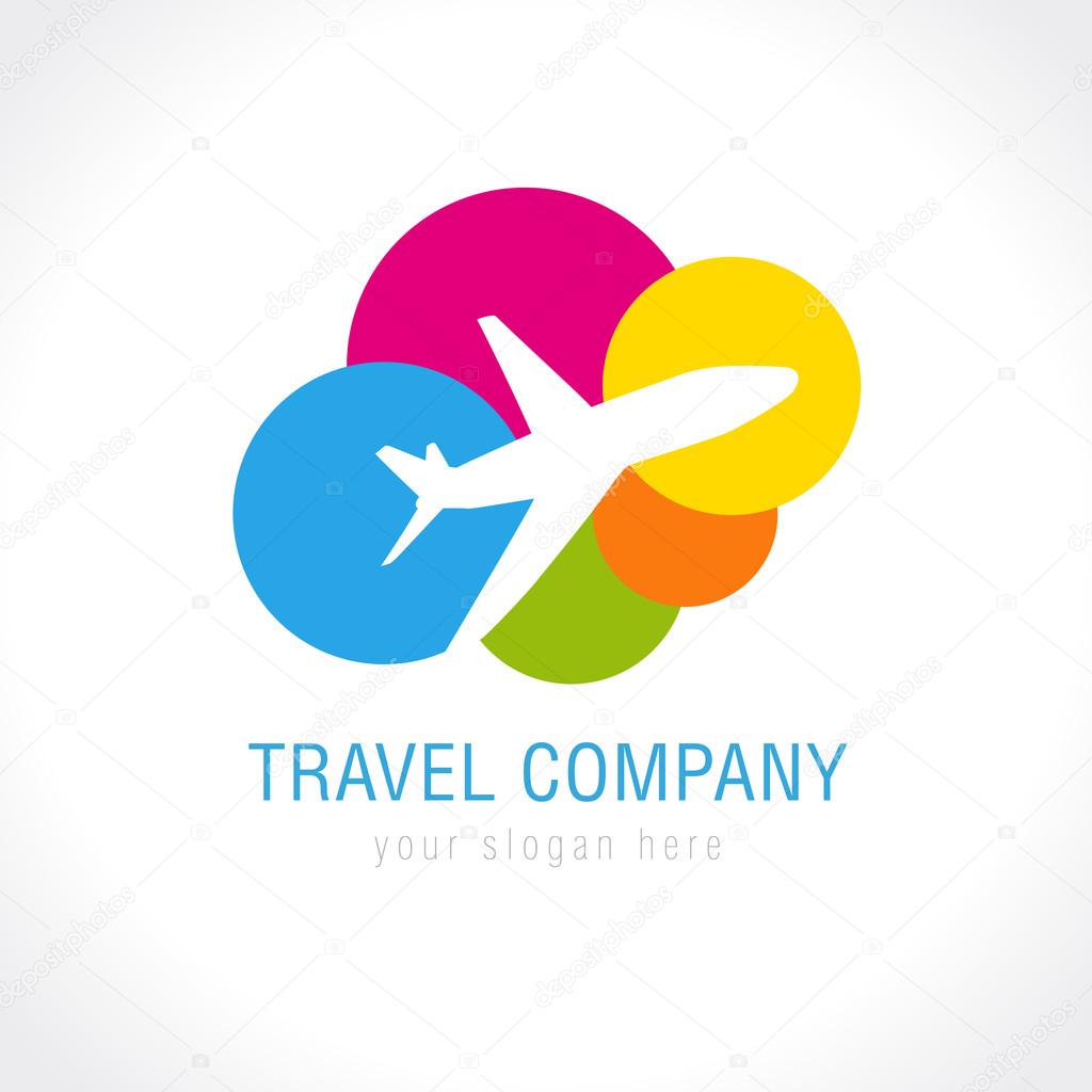 Travel company logo. World travel airplane abstract vector icon. Low cost airlines, tickets selling, tourist business. Flying plane, colored clouds.