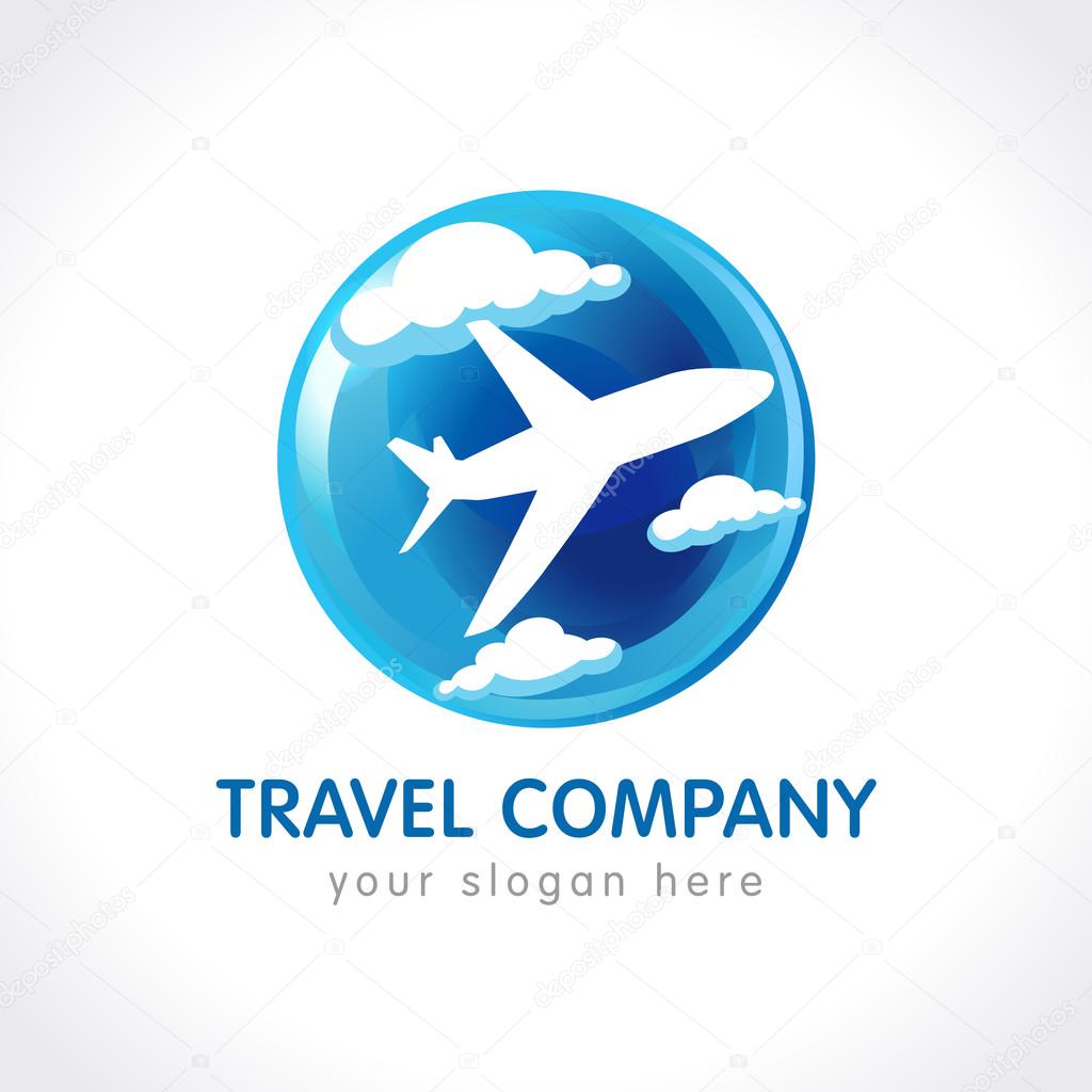 Travel company logo. World travel airplane abstract vector icon. Low cost airlines, tickets selling, tourist business. Flying plane, stained-glass globe, clouds, blue background.